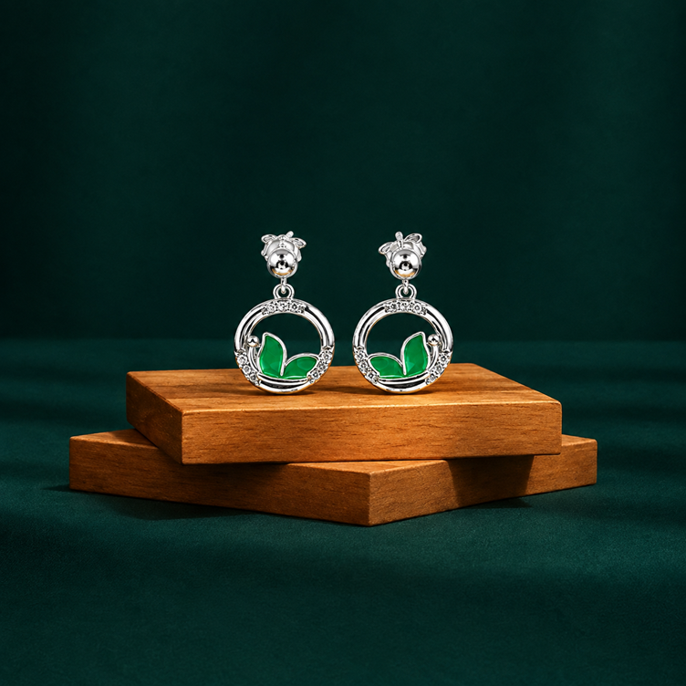 Silver Green Heart Stud Earrings