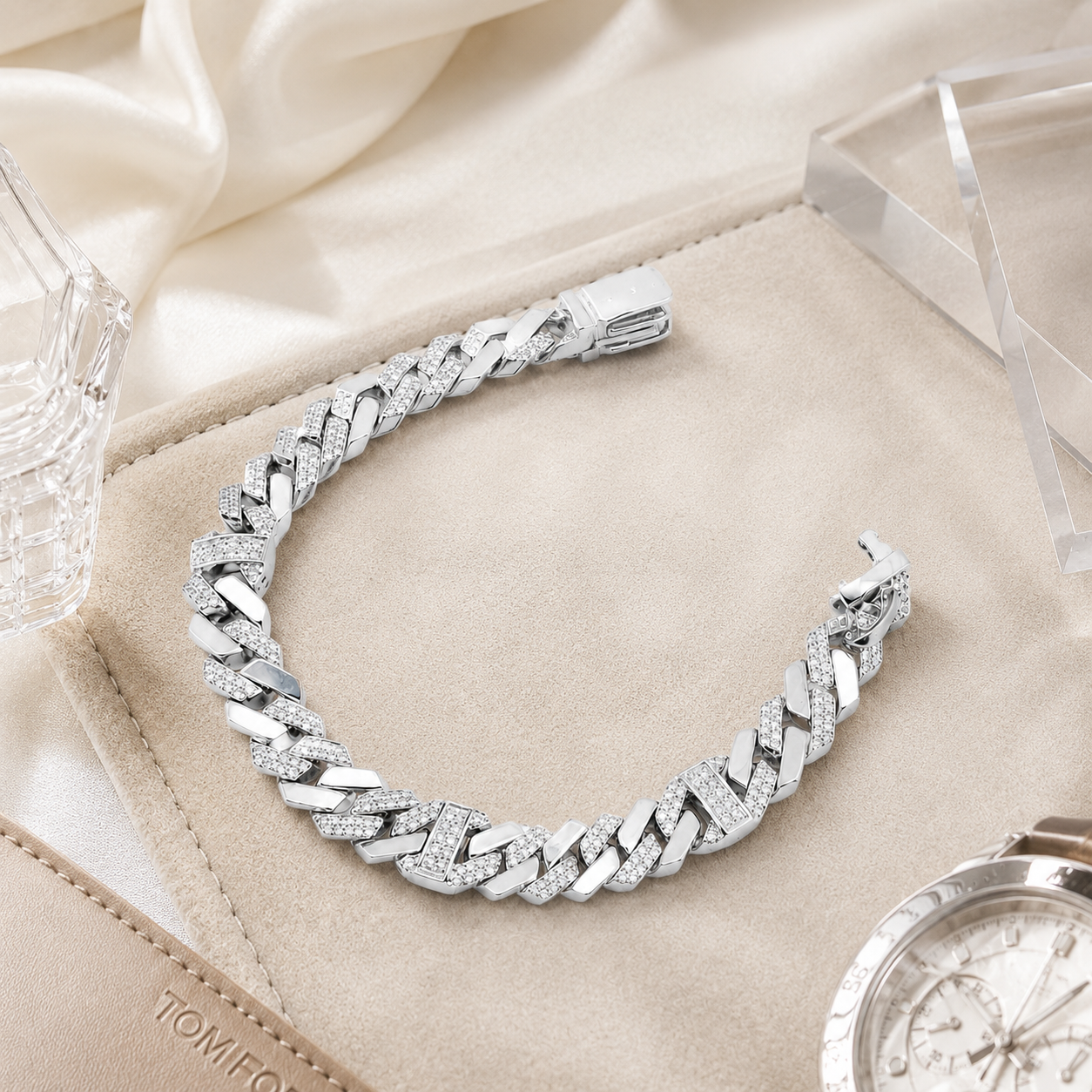 Silver Pave Cuban Link Gents Bracelet