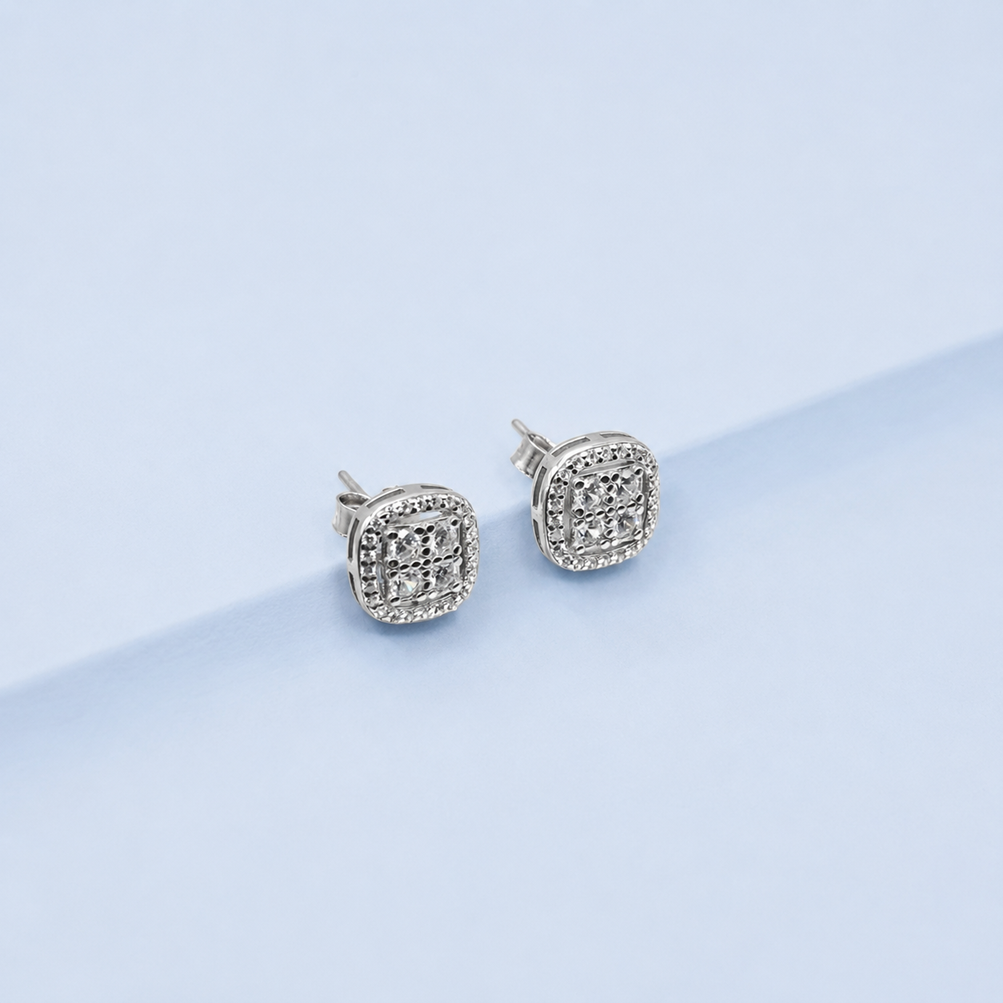 Silver Square Pave Stud Earrings