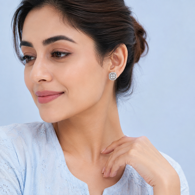 Silver Square Pave Stud Earrings