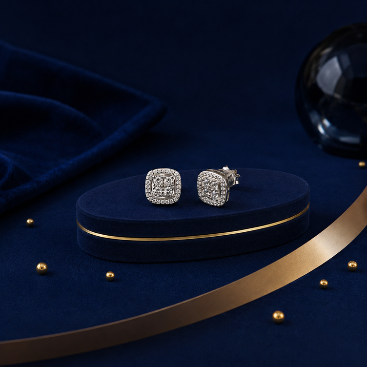 Silver Square Pave Stud Earrings