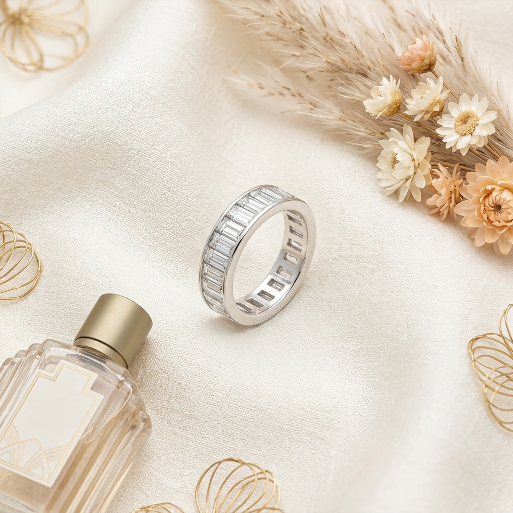 Silver Baguette Cut Eternity Ring laid elegantly next to a glass perfume bottle and dried neutral florals.