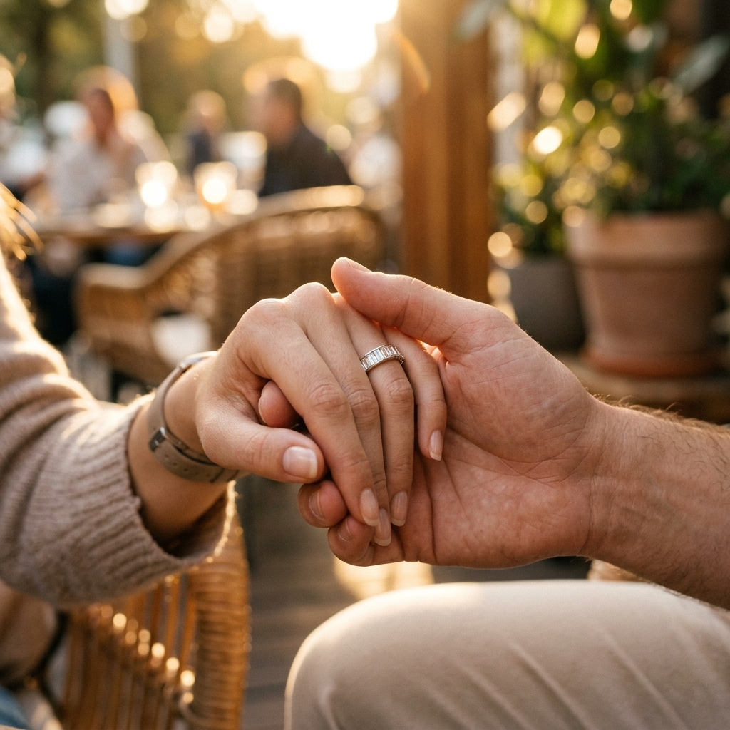 Couple holding hands outdoors at golden hour, showcasing the Silver Baguette Cut Eternity Ring catching the sunlight.