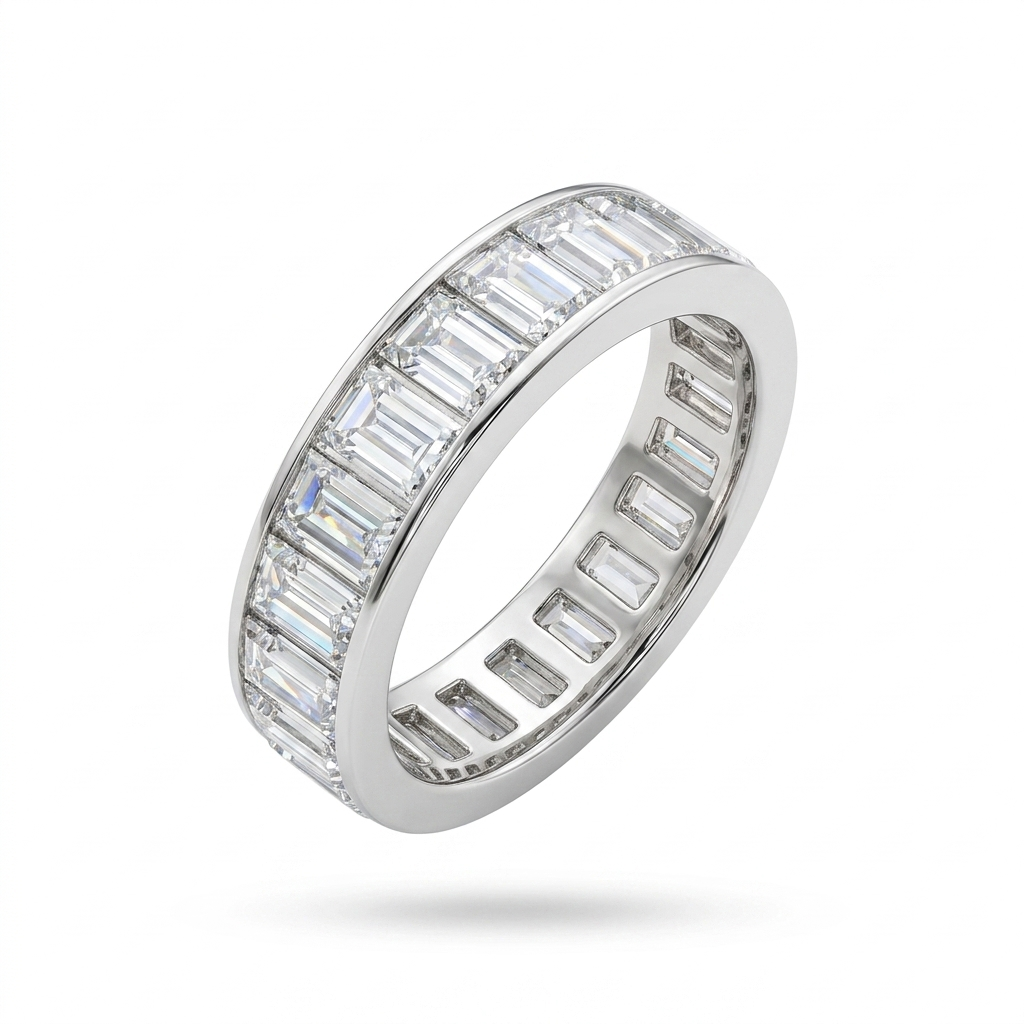 Close-up studio shot highlighting the continuous channel-set baguette stones on the polished Silver Baguette Cut Eternity Ring.