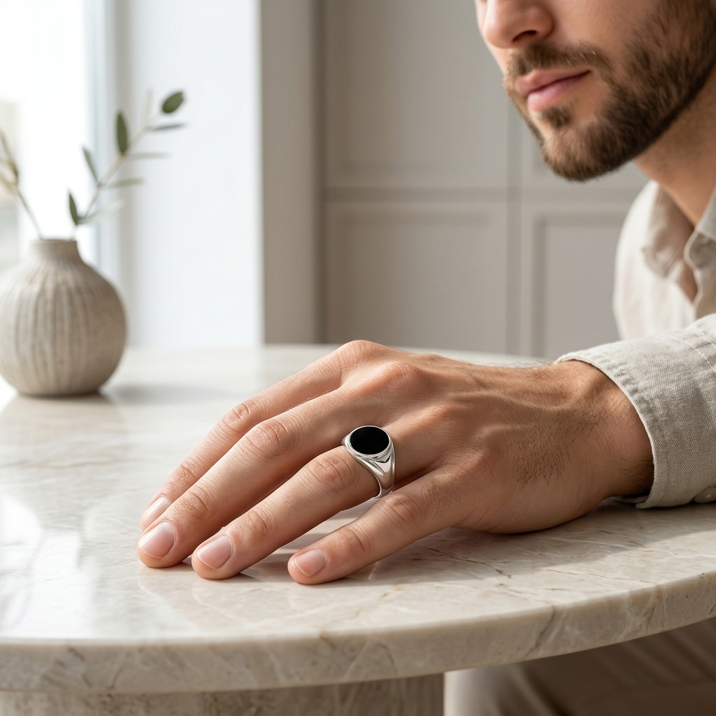 A man in a beige linen shirt sitting at a marble table, modeling a Silver Black Stone Signet Ring on his ring finger. 