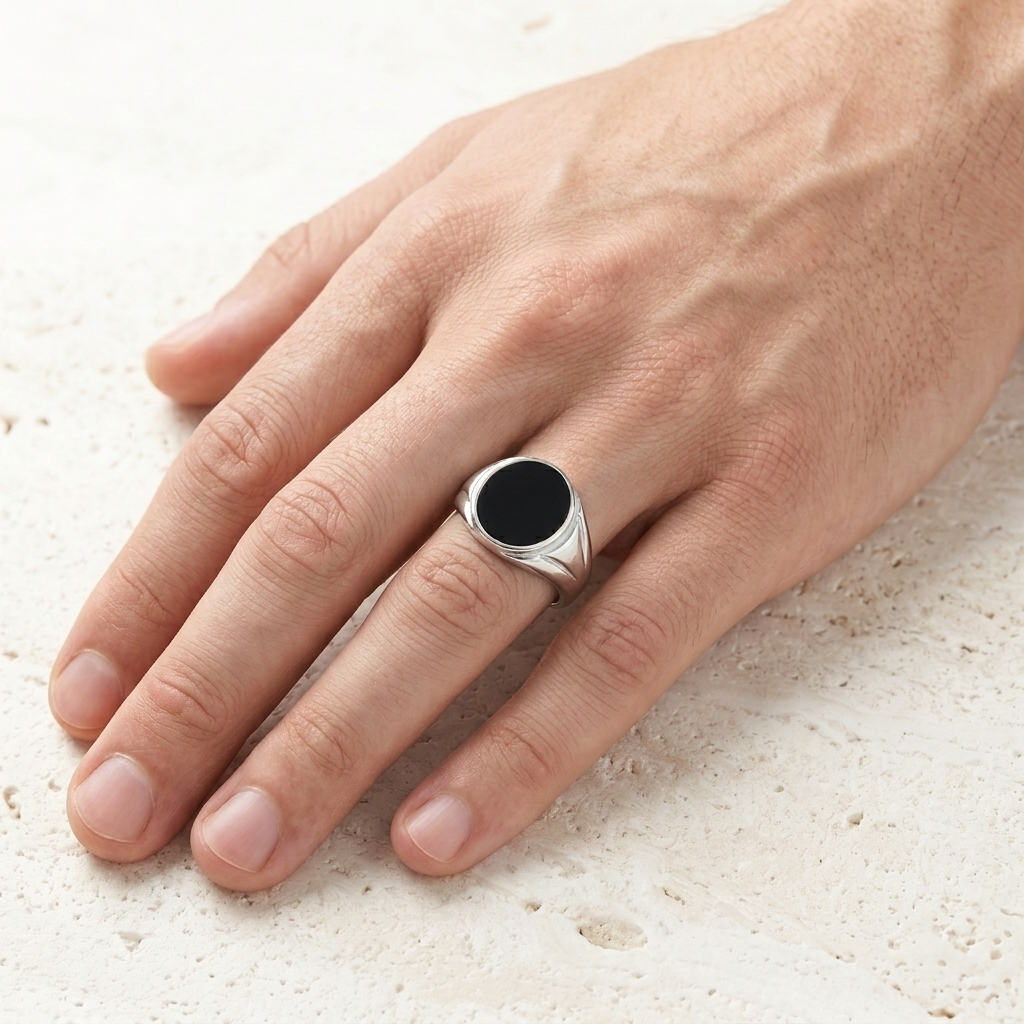 Close-up of a man's hand resting on a textured stone surface, wearing a Silver Black Stone Signet Ring with a round black stone.