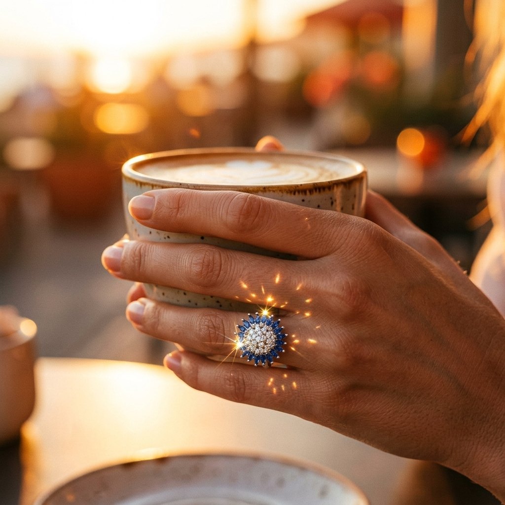 Close-up of a woman's hands holding a coffee cup at sunset, with light dramatically flaring off the Silver Blue Stone Ring.
