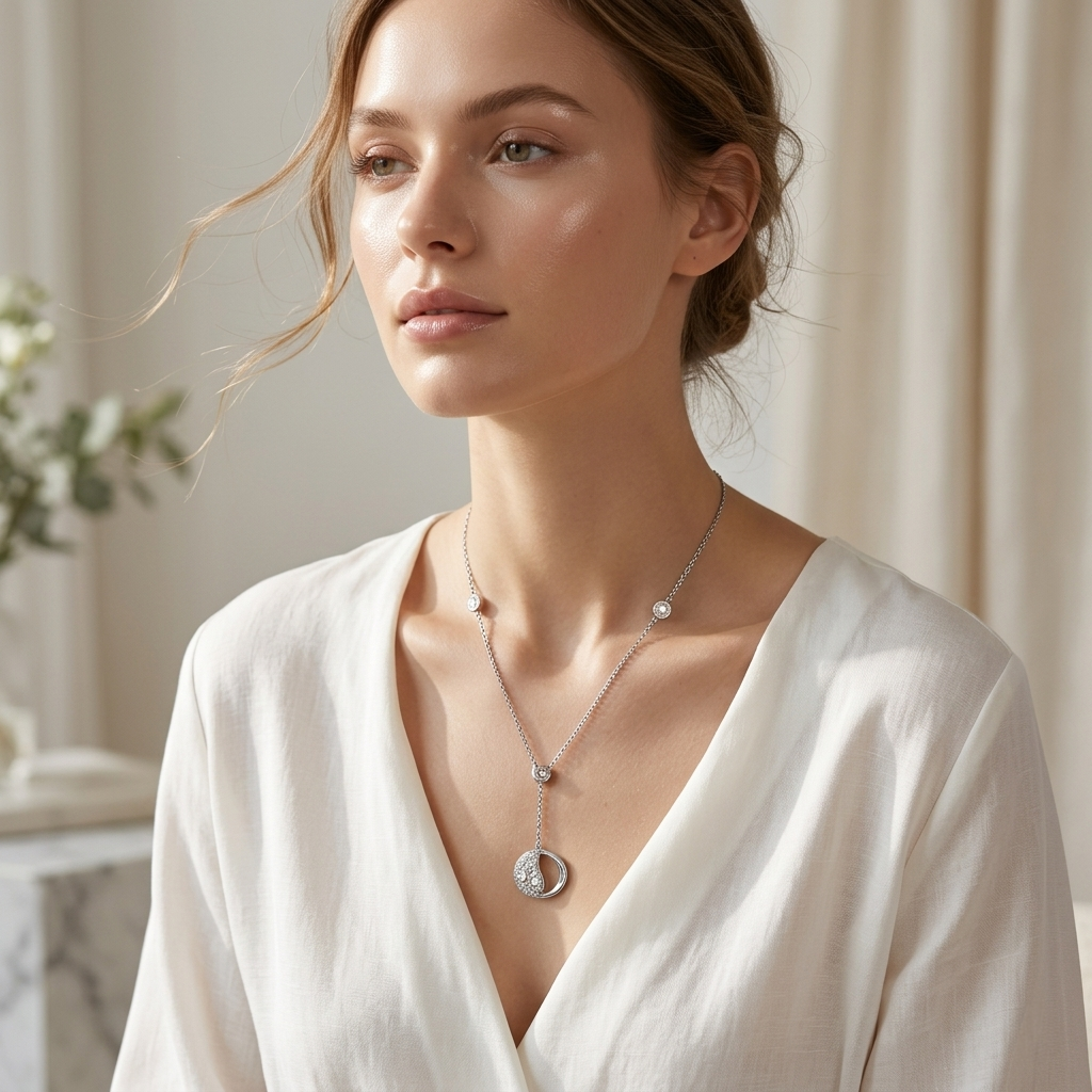 Woman modeling a Silver Crescent Moon Necklace on a white top.