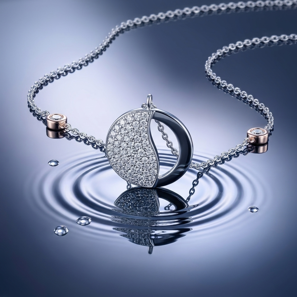 Macro view of the Silver Crescent Moon Drop Necklace touching a rippling blue water surface.