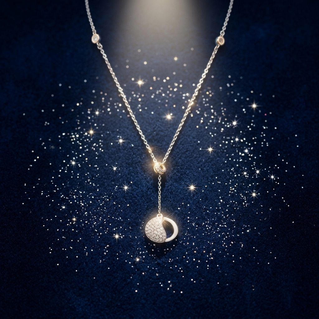 Close-up of the Silver Crescent Moon Drop Necklace glowing against a dark, starry blue background.