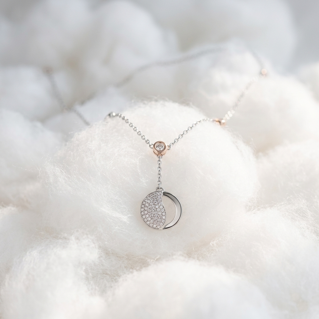 Silver Crescent Moon Drop Necklace resting on soft white cotton clouds.