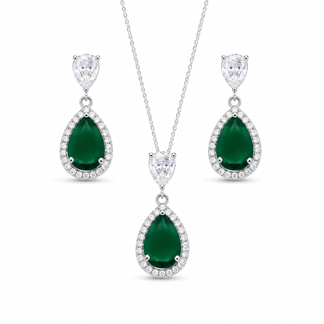 Silver Emerald Green Teardrop Halo Pendant and Earring Set on a white background
