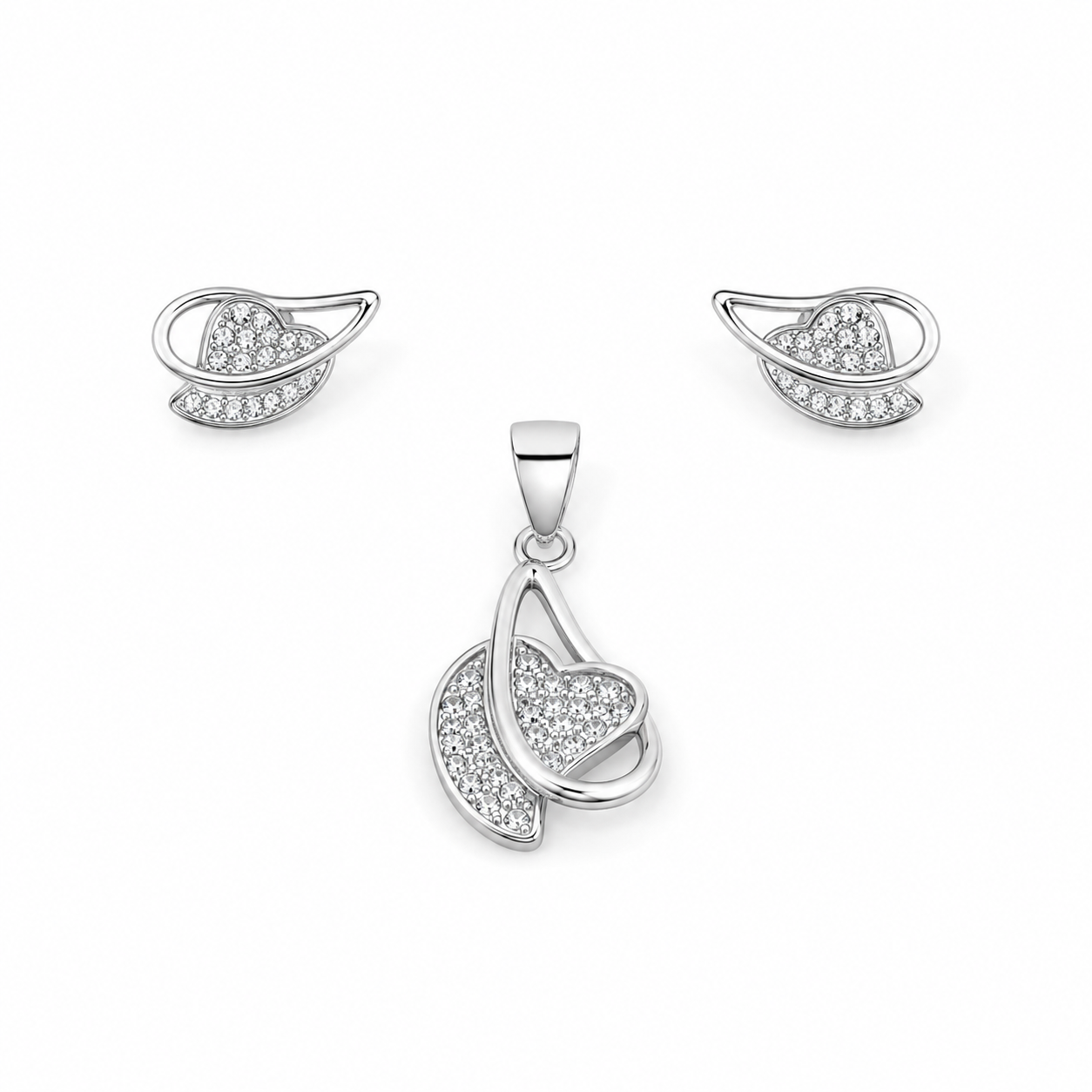 Silver finish pendant and earring set featuring a swirling leaf design studded with diamonds