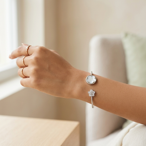 Silver Floral Open Kada for Women