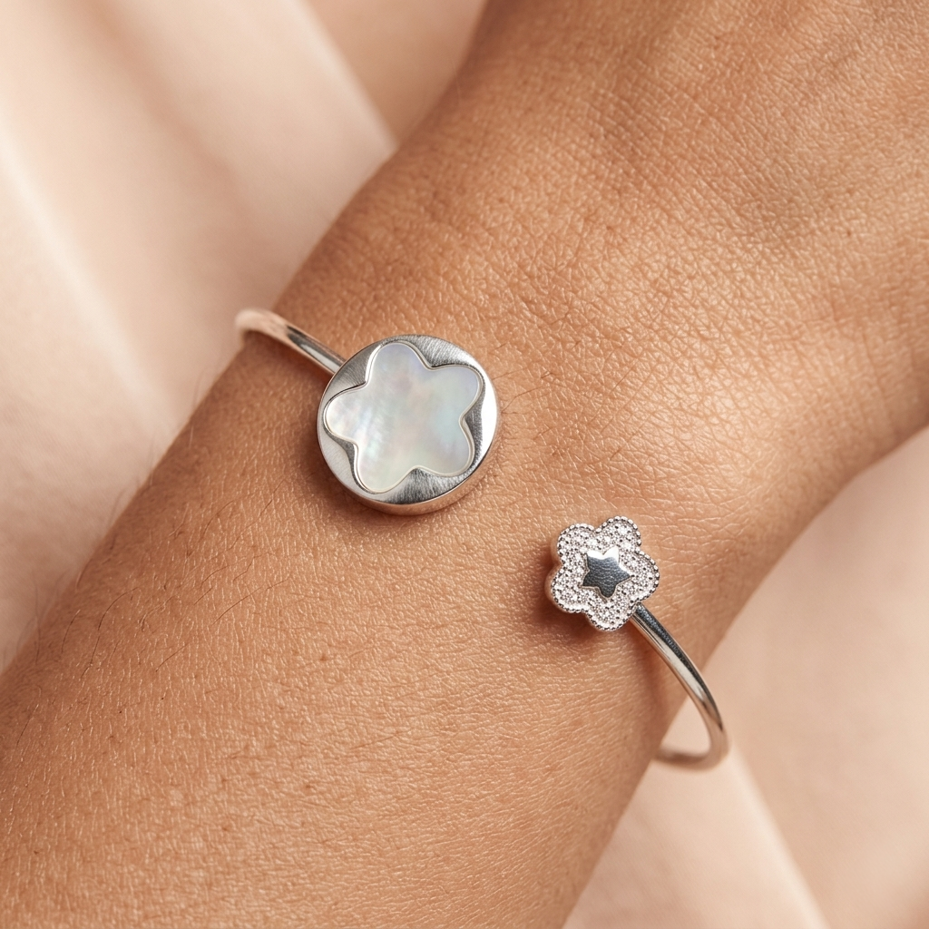 Close-up of the Silver Floral Open Kada for Women on a woman's wrist showing the iridescent shell detai