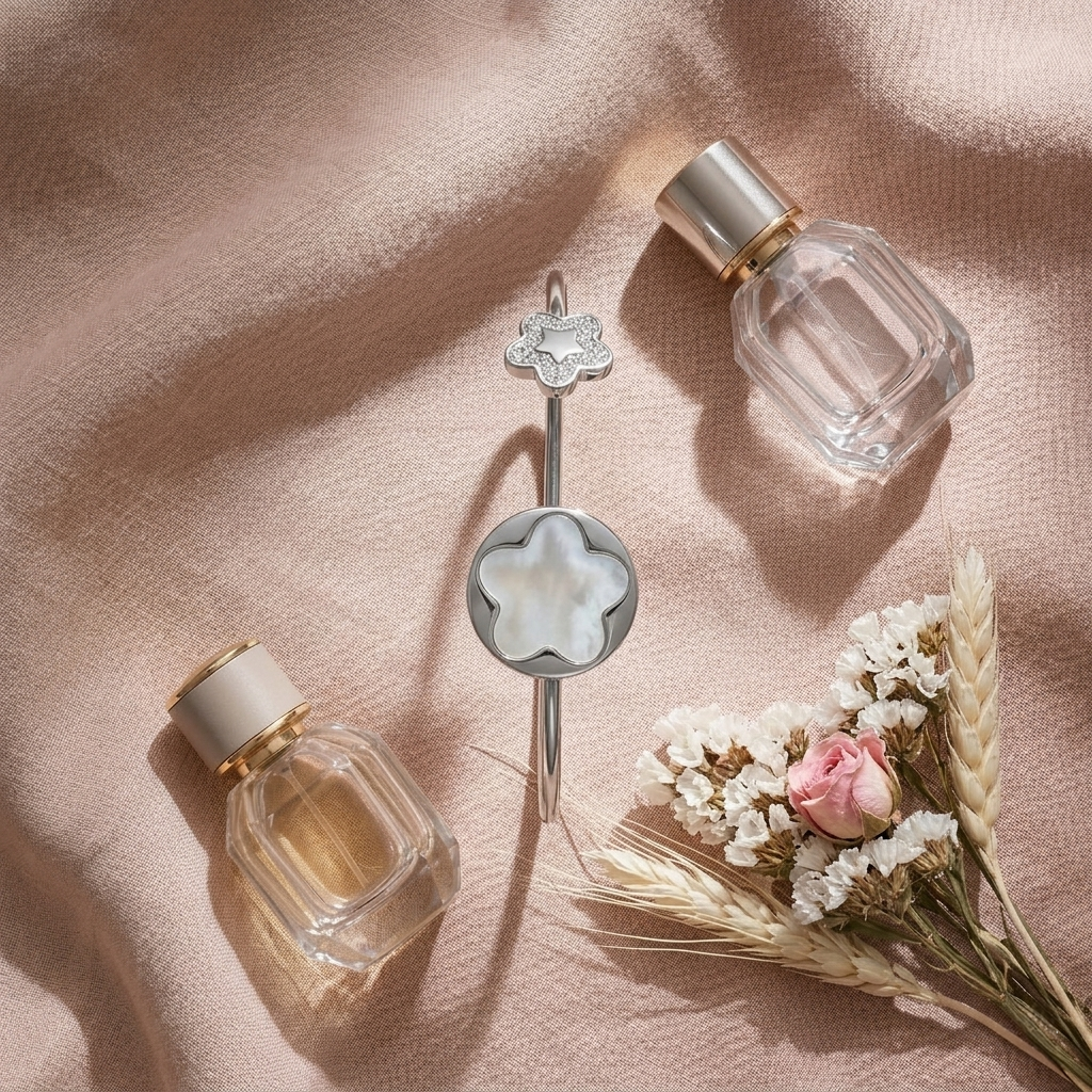 Flat lay of the Silver Floral Open Kada for Women next to glass perfume bottles and dried flowers 