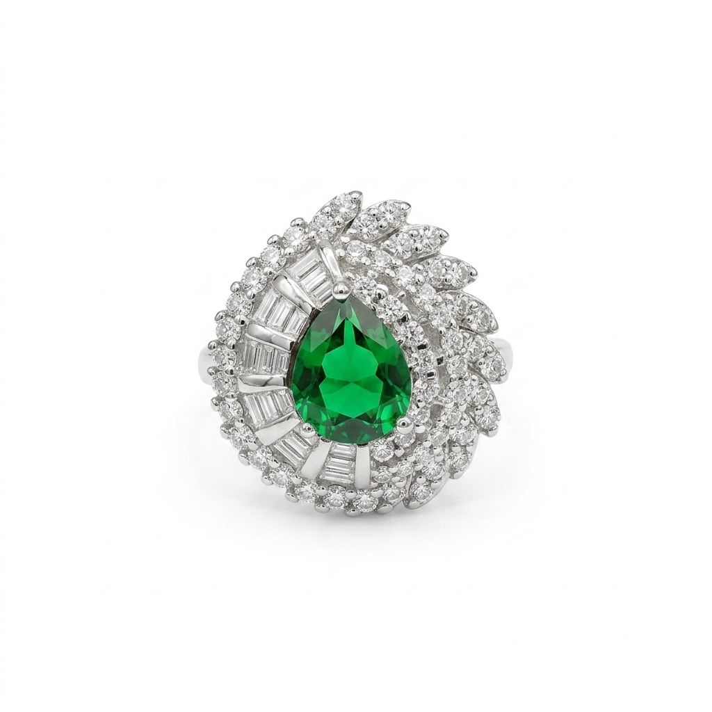 Top-down close-up view of the asymmetric large Silver Green Stone Ring showcasing the intricate baguette and round clear accent stones.