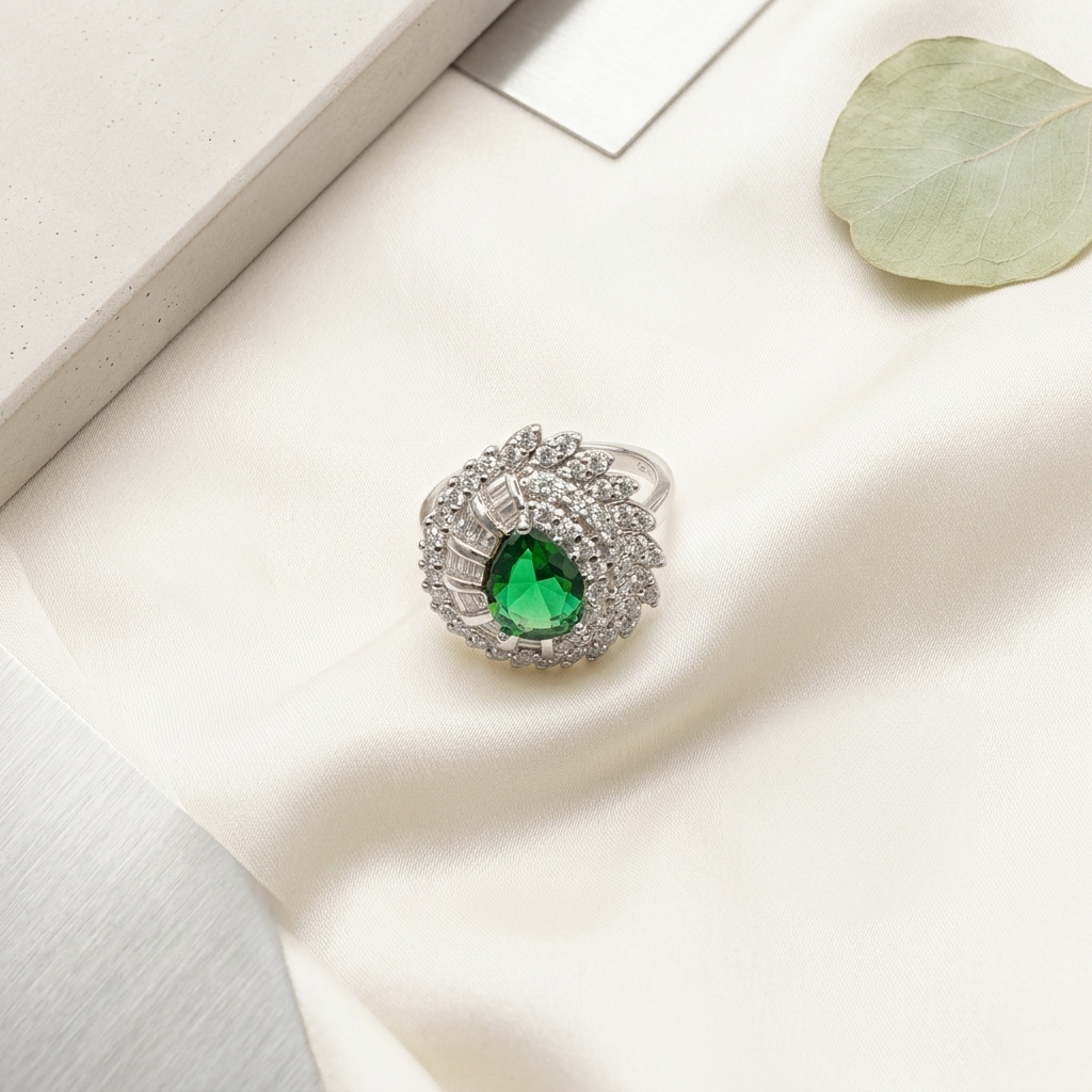 Elegant Silver Green Stone Ring with a vivid green teardrop stone gracefully resting on a smooth white silk fabric.