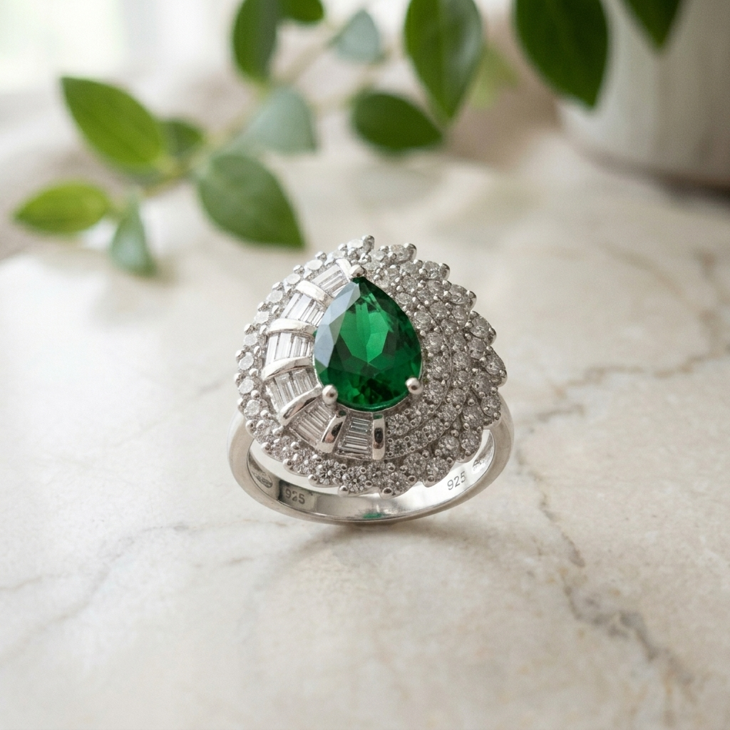 Sterling Silver Green Stone Ring standing upright on a marble surface with the 925 hallmark clearly visible on the inner band.