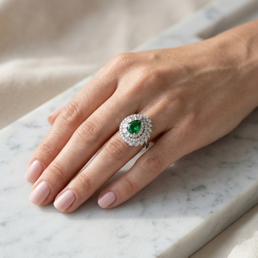 Woman's hand resting on a marble surface wearing a large Silver Green Stone Ring with a pear-shaped green center stone and sunburst halo.
