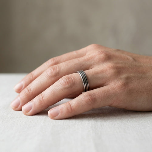 Flat Silver Ring With Grooves For Men