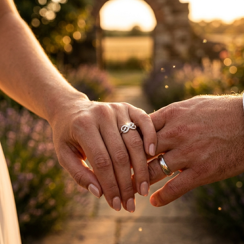 Close-up of a couple holding hands outdoors at sunset, highlighting the sparkling Silver Half-Pave Infinity Ring on the woman's finger