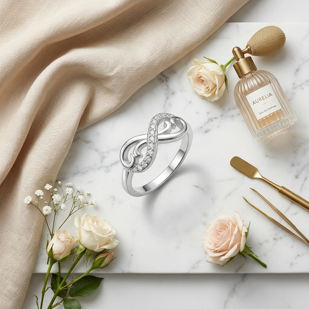 Elegant flat lay of the Silver Half-Pave Infinity Ring on a white marble surface surrounded by pale pink roses, gold tools, and a small perfume bottle