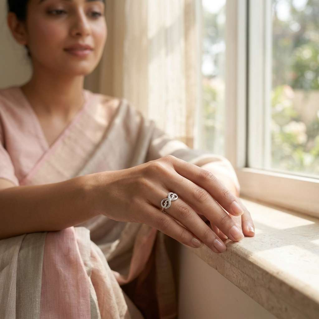 Woman wearing a pastel saree looking out a sunlit window with the Silver Half-Pave Infinity Ring prominently displayed on her hand 