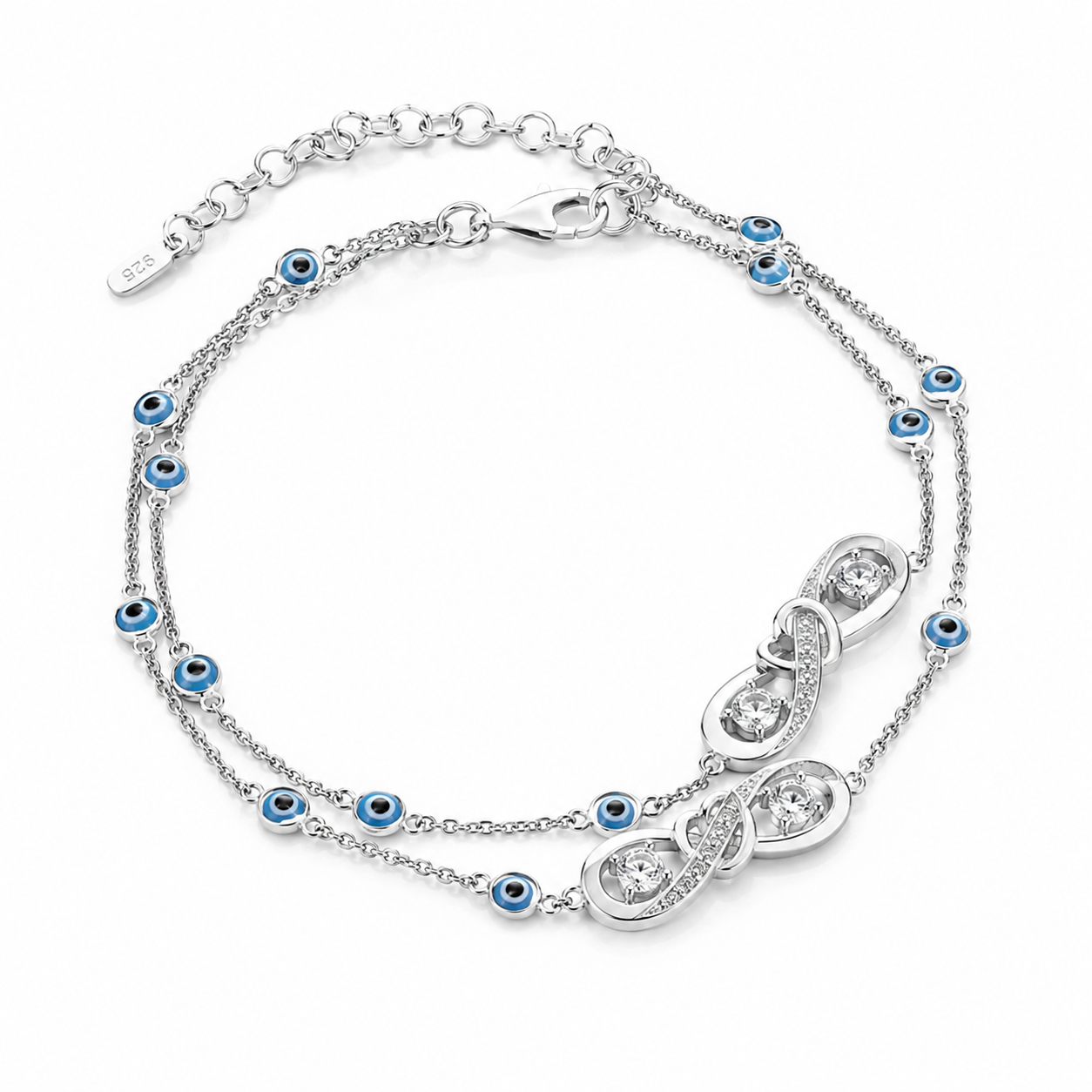Close-up of the Silver Infinity & Evil Eye Nazariya Anklet showing the double chain design