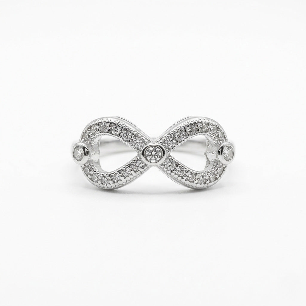 Close-up of the 925 Sterling Silver Crystal Infinity Ring on a clean white background.
