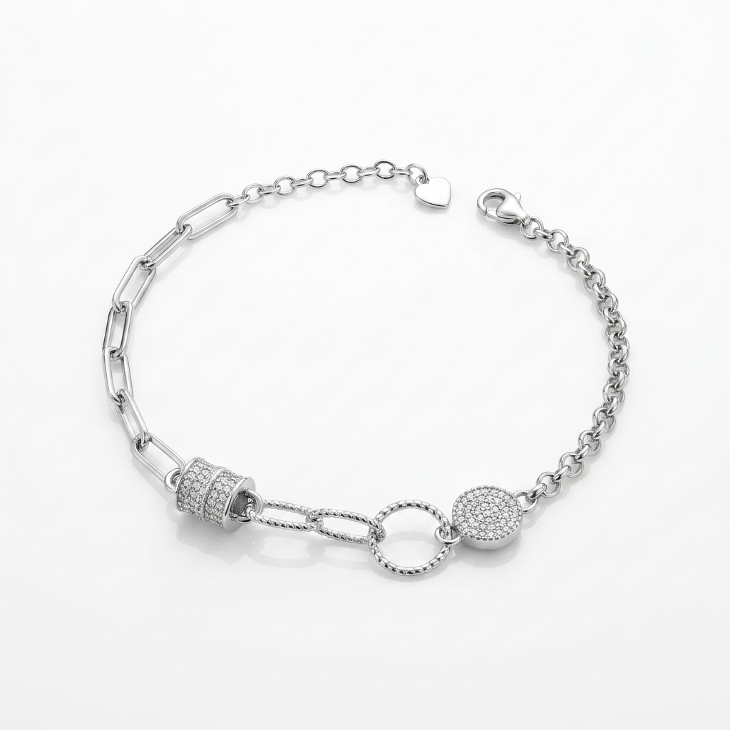 Silver Mixed-Link Pave Charm Bracelet laid flat on a white background