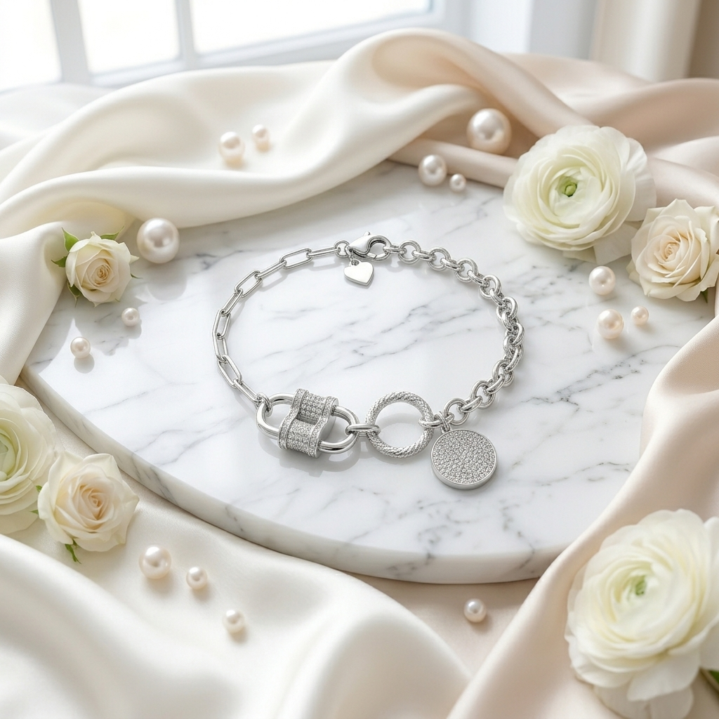 Close-up of pave-set cylinder and disc charms on an asymmetrical silver bracelet