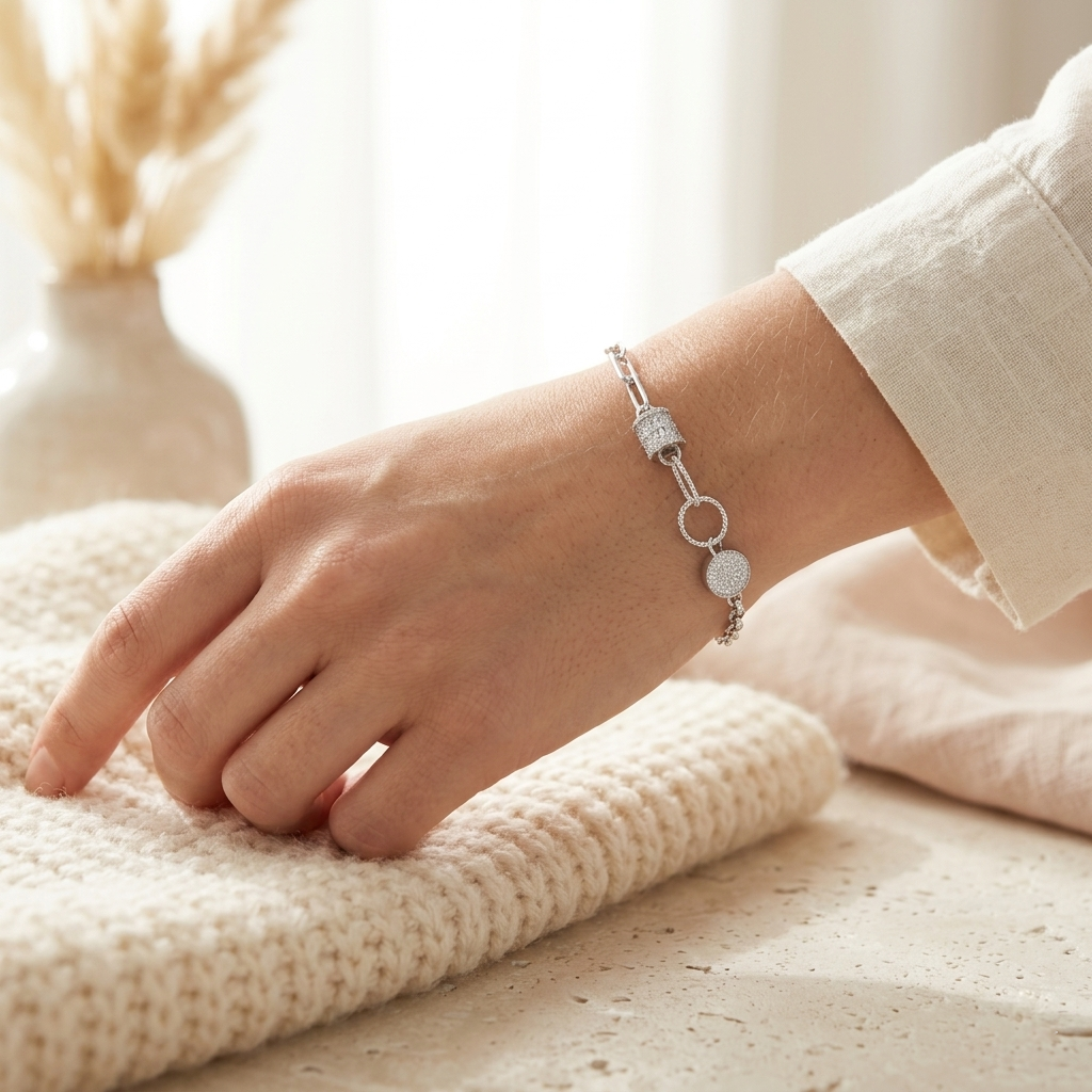 Detail view of the paperclip and round chain links on a contemporary silver bracelet