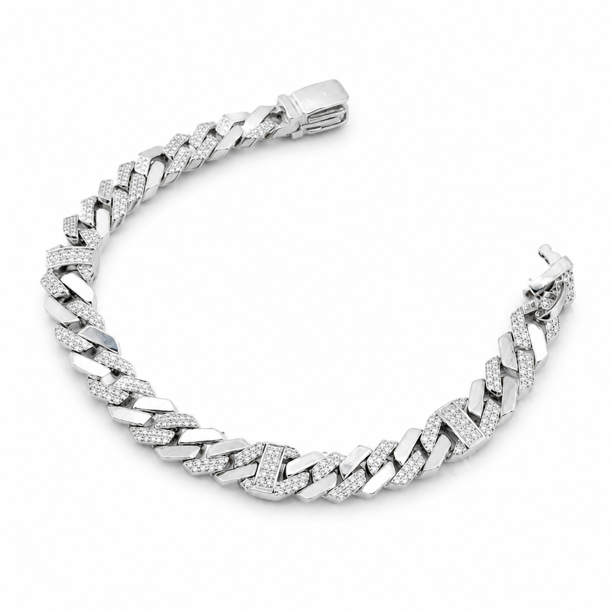 Silver Pave Cuban Link Men's Bracelet laid flat showing the iced-out links and box clasp