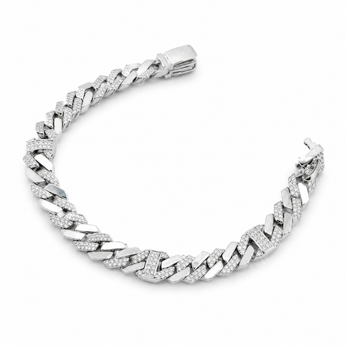 Silver Pave Cuban Link Mens Bracelet