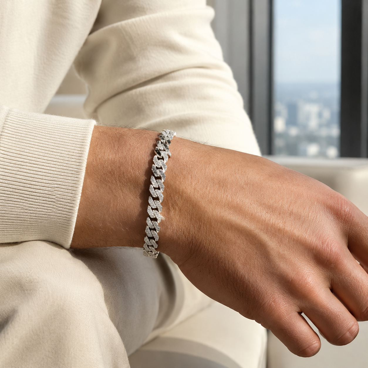 Close up of the micro-set cubic zirconia stones on the silver Cuban chain links