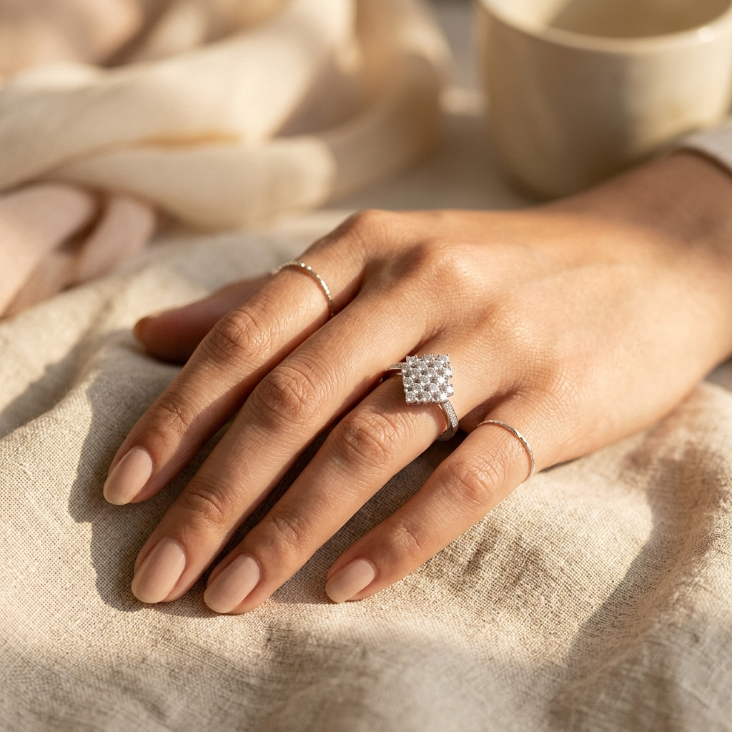Woman wearing the Silver Rhombus Cluster Ring on her ring finger, paired with thin stacking bands on a textured beige fabric.