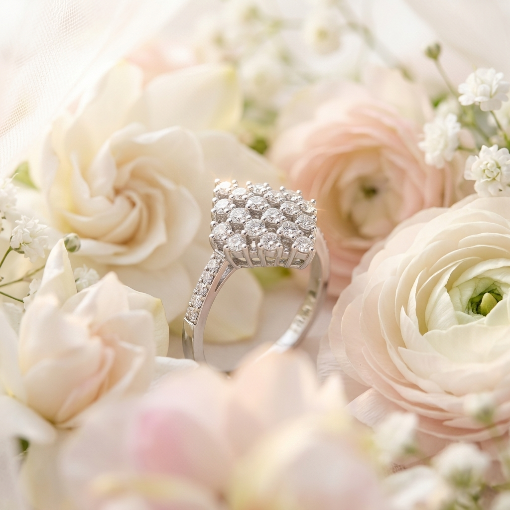 Silver Rhombus Cluster Ring nestled beautifully among soft pink ranunculus and white flowers, emphasizing its elegant appeal.