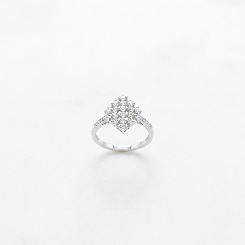 Top-down view of the Silver Rhombus Cluster Ring on a plain white background, showcasing the symmetrical multi-stone arrangement. 