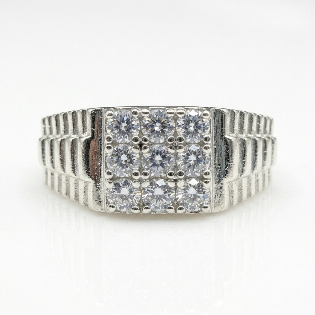 Front view of a Silver Square Stud Ring showcasing a 3x3 cubic zirconia grid arrangement against a white background