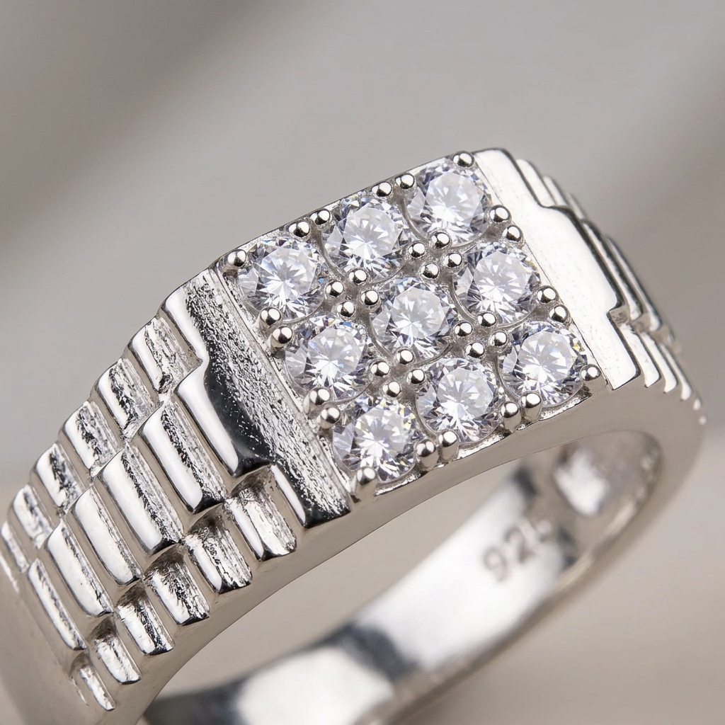 Close up of a men's Silver Stud ring featuring a square face with nine clear stones and a textured grooved band 