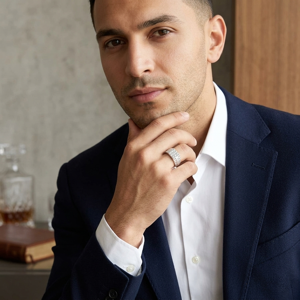 A sharply dressed man in a navy blazer wearing the Silver Square Stud Ring on his hand, demonstrating its sophisticated scale