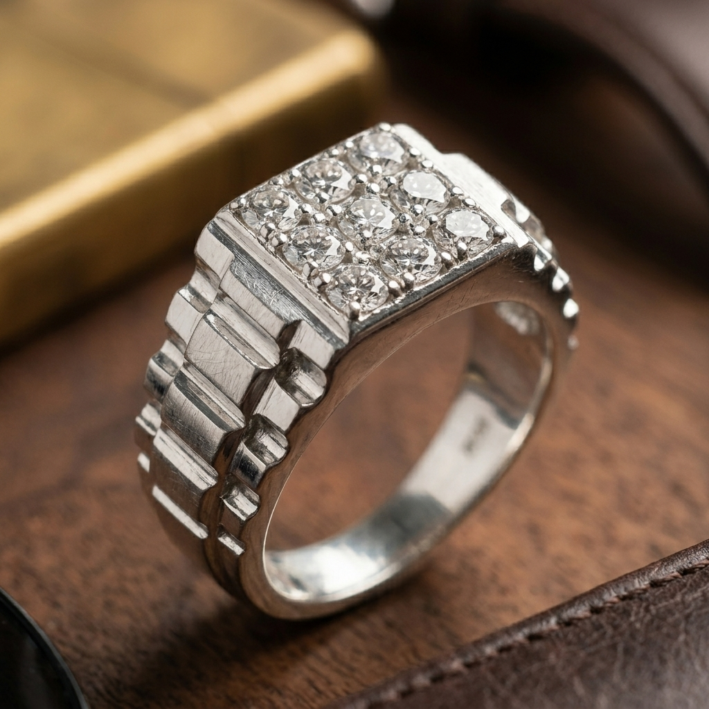 Side profile of the men's Silver Square Stud Ring resting on a wooden surface, highlighting the watch-link inspired stepped side details