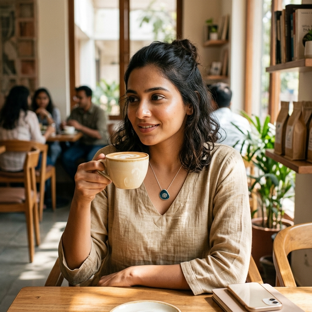 Smiling woman in a cafe enjoying coffee while wearing the Silver Tree of Life Black Enamel Pendant Necklace.