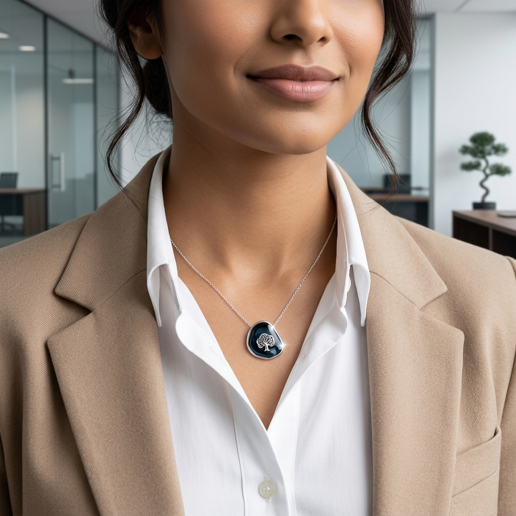 Business woman in a tan blazer wearing the Silver Tree of Life Black Enamel Pendant Necklace in an office setting 