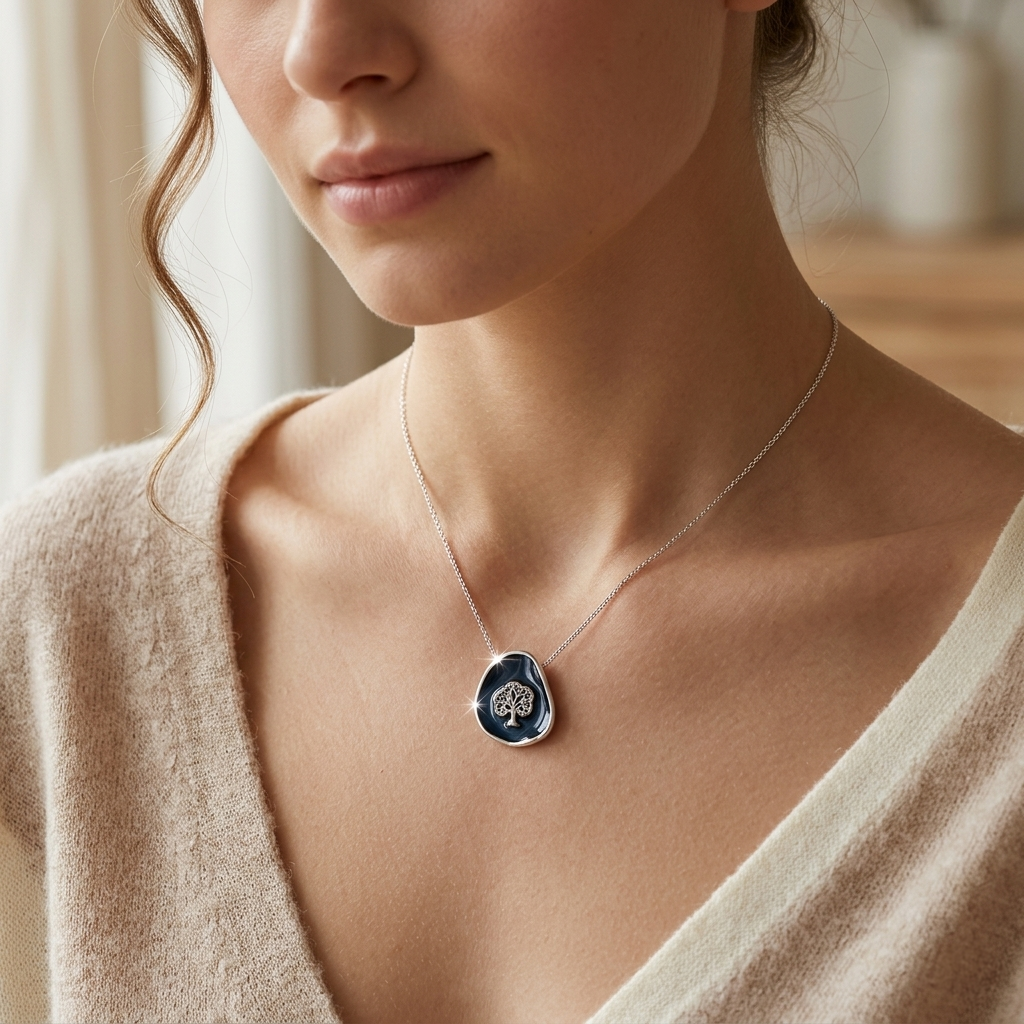 Close-up of a woman wearing the Silver Tree of Life Black Enamel Pendant Necklace highlighting the contrast between the silver and dark enamel 