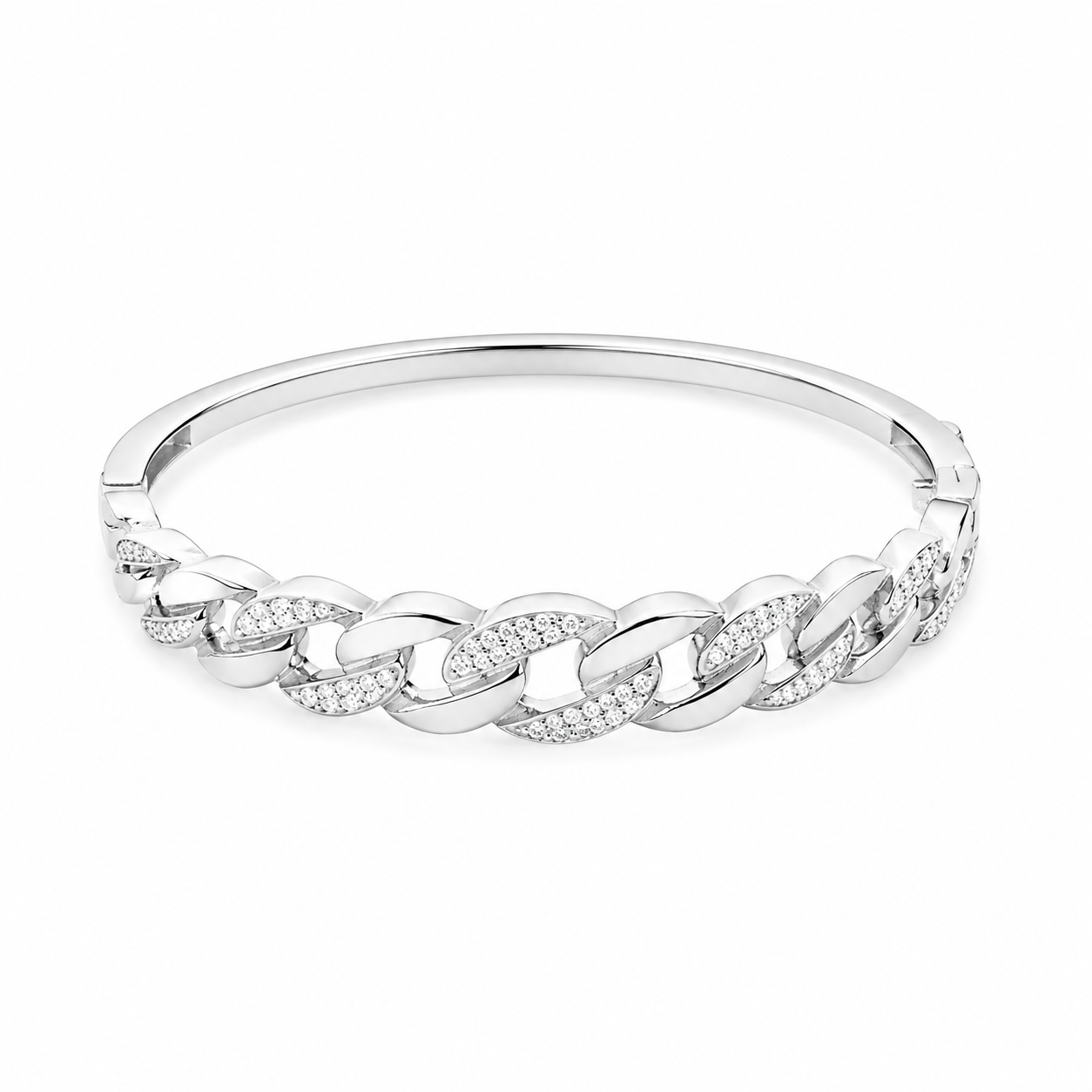 Front angle of the Silver Zirconia Pave Cuban Link Bangle showing the alternating plain and studded links
