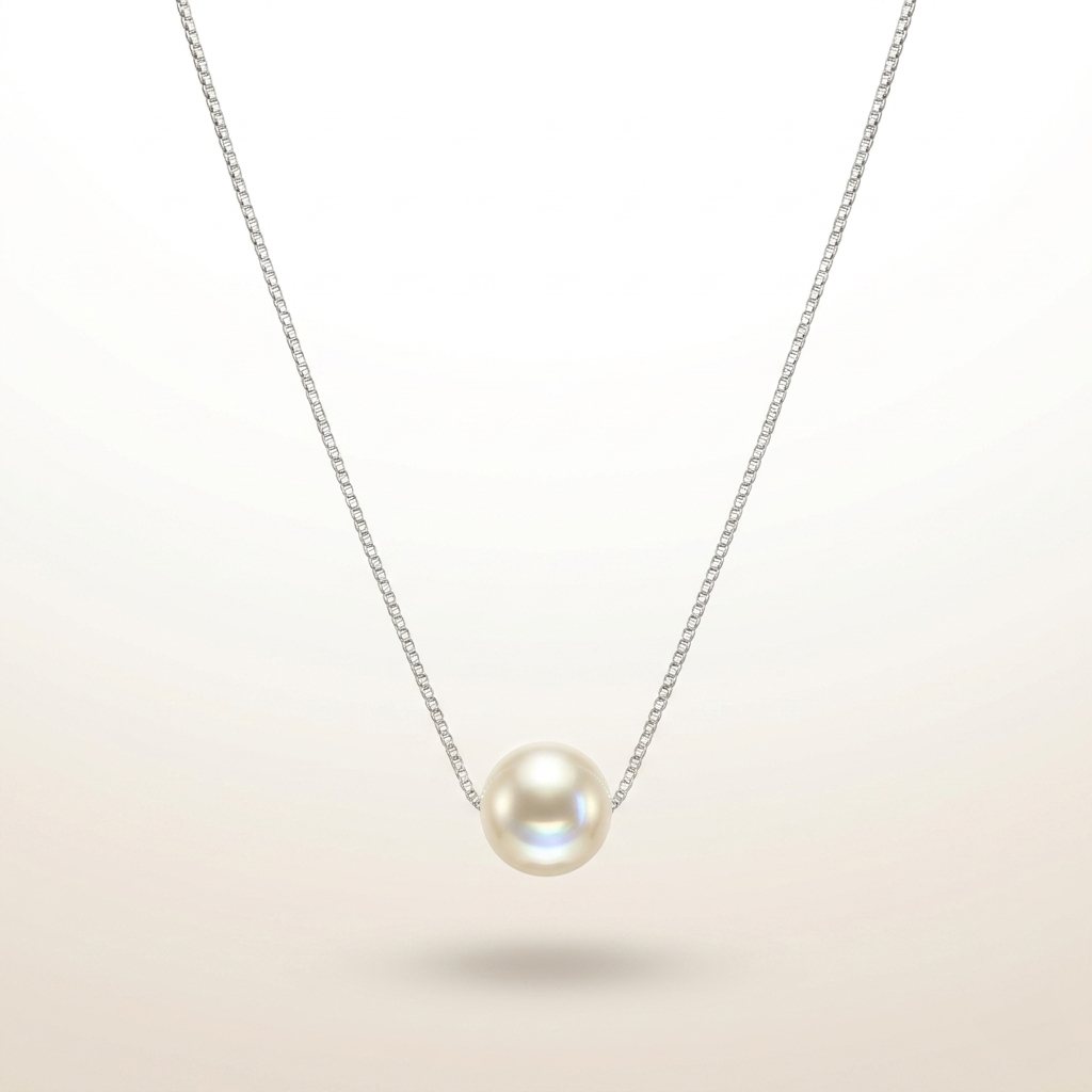 Studio shot of a delicate Single Pearl Necklace, suspended against a light cream background.