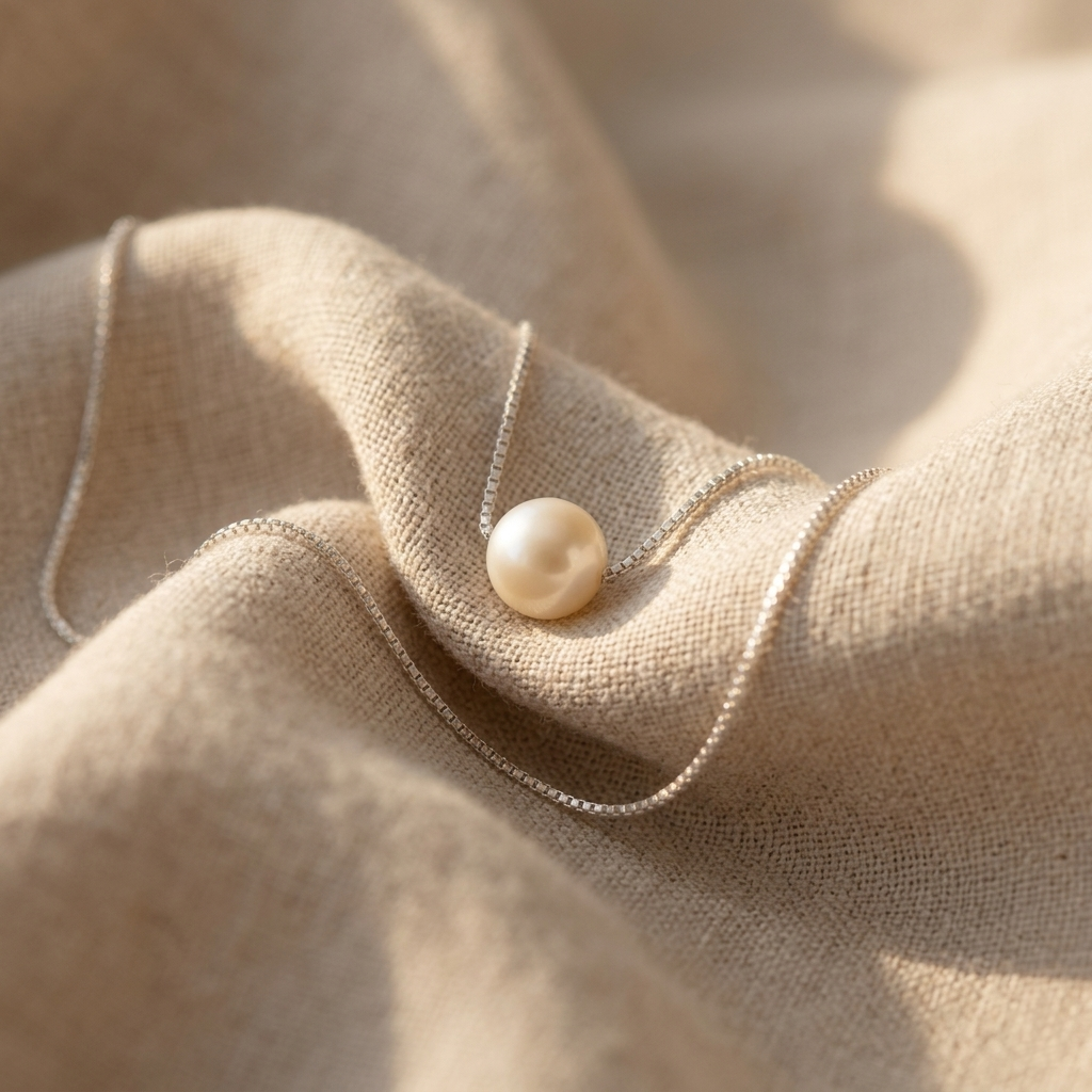 Close-up of a Single Pearl Necklace on a fine silver box chain resting gracefully on textured beige linen fabric.