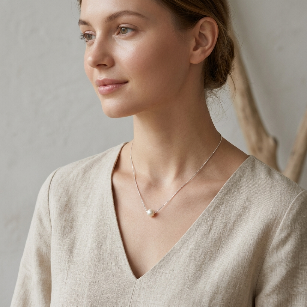 A woman wearing a minimalist Single Pearl Necklace, dressed in a beige linen V-neck top.